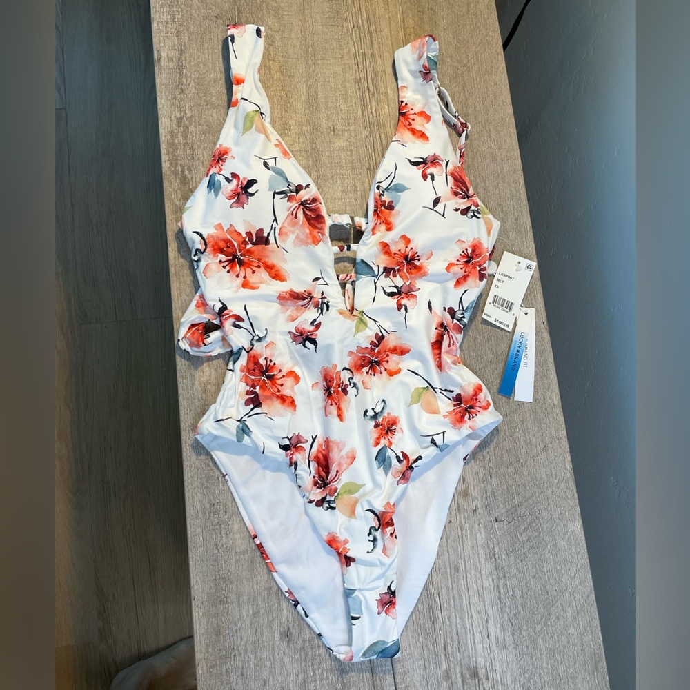 Lucky Brand White One-Piece Swimsuit with Coral Floral Print